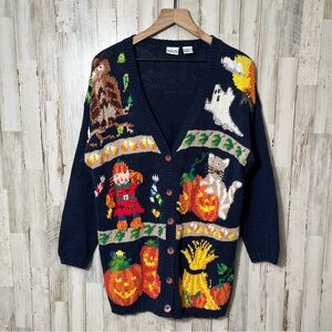 Vintage 90s Halloween Fall Patchwork Chunky Knit Button Cardigan Sweater Mens M